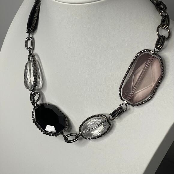 chunky chain link necklace black gray clear faux jewels in silver tone setting - Picture 3 of 10